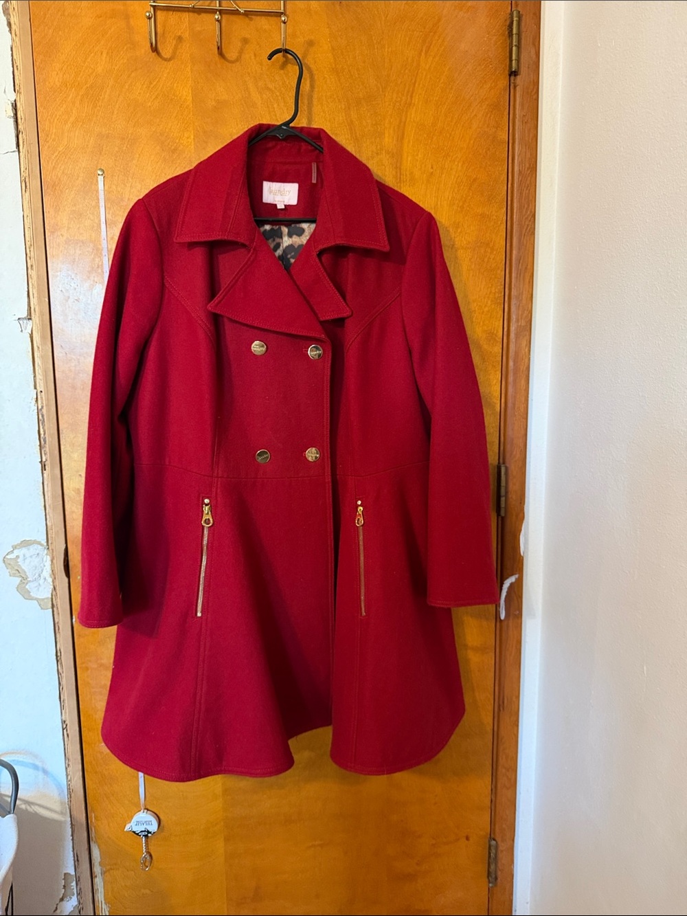 Laundry By Shelli Segal Red Double-Breasted Pea Coat with Gold Hardware